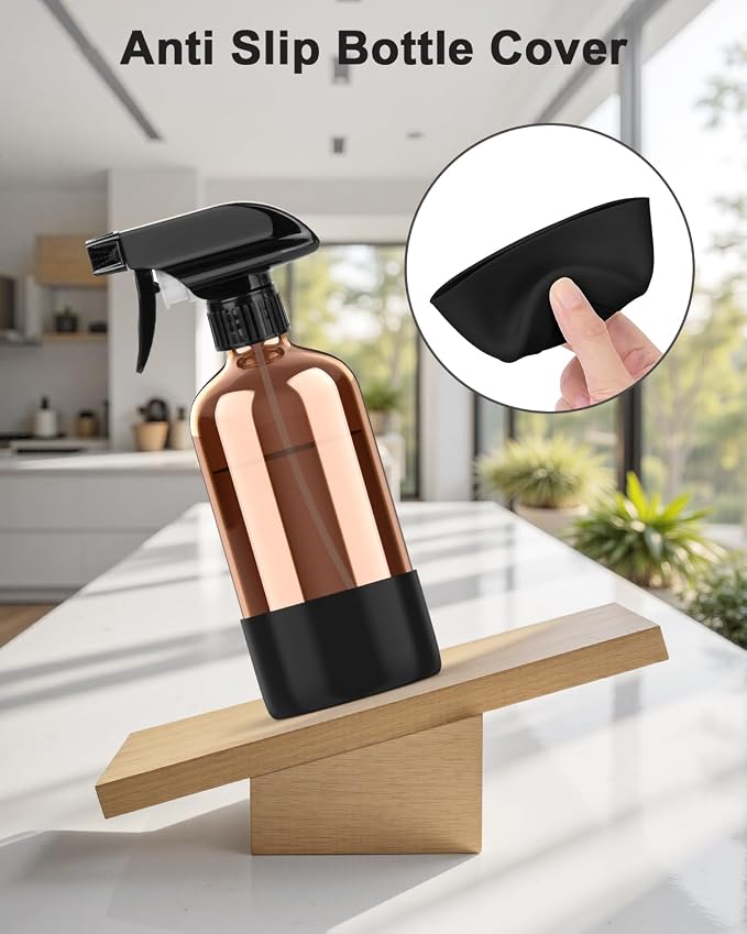 Bontip Amber Glass Spray Bottle, 16 oz with Black Silicone Sleeve, 3 Pack | Refillable amber glass bottle, With protective silicone sleeve, BPA-free, UV shielding, Great for cleaning solutions,plants
