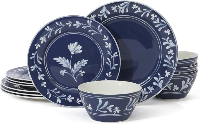 Martha Stewart Dinnerware Set- Maiden Crown 12-Piece Sky Blue Dishes – New Bone China Ceramic Plates & Bowls – Floral Design – Service for 4 – Microwave & Dishwasher Safe