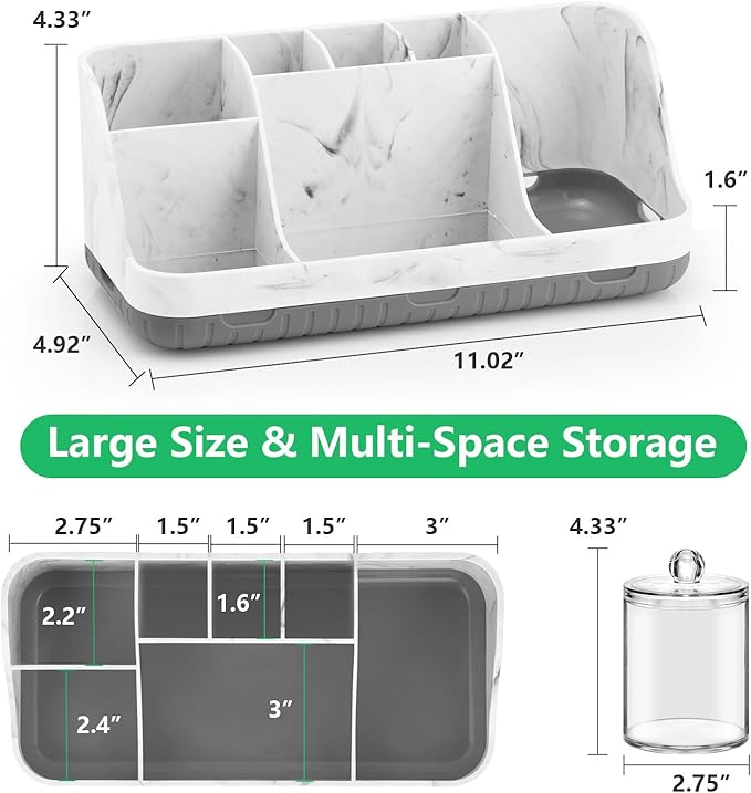 GFWARE Marble Bathroom Toothbrush Holder Set with 2 Qtip Holder Dispenser | Detachable 7 Slots Bathroom Accessory Set, Kids Bathroom Sink Counter Set, Bathroom Essentials Decor, Anti-Slip, Marble-Look