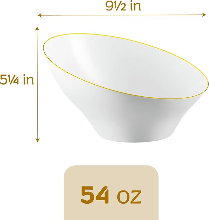 PLASTICPRO Angled Plastic Bowls Disposable Large Plastic White Serving Bowls with Gold Rim for Party for Appetizer Salads Pack of 4