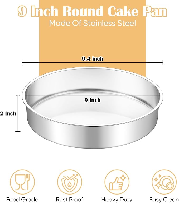 TeamFar 9 Inch Cake Pan Set of 2, Stainless Steel Round Cake Baking Pan | Layer Baking Tin for Birthday Wedding, Non-Toxic & Heavy-Duty, Mirror Finish & Leak Proof, Oven & Dishwasher Safe