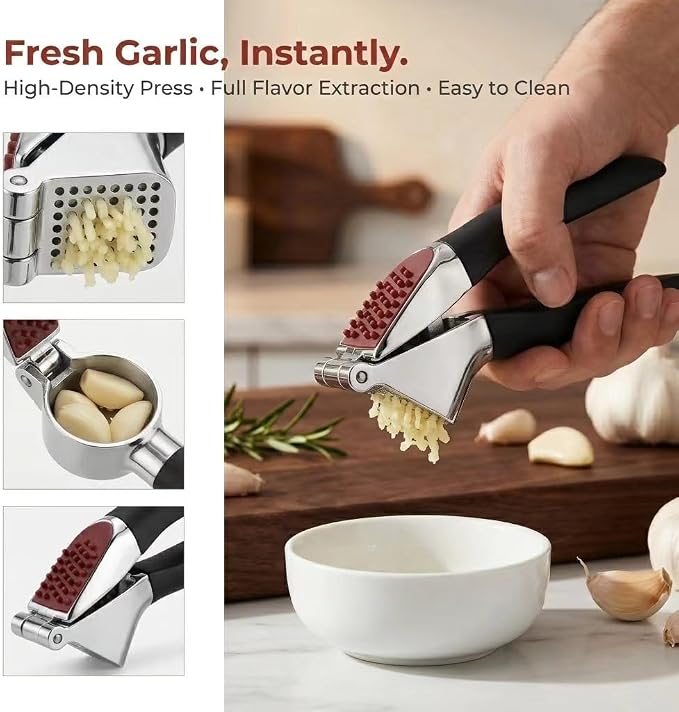 Garlic Press Mincer, Professional Heavy Duty Zinc Alloy Garlic Crusher, Ergonomic Soft Handle Garlic Masher, Easy Squeeze Garlic Presser for Home Kitchen Cooking
