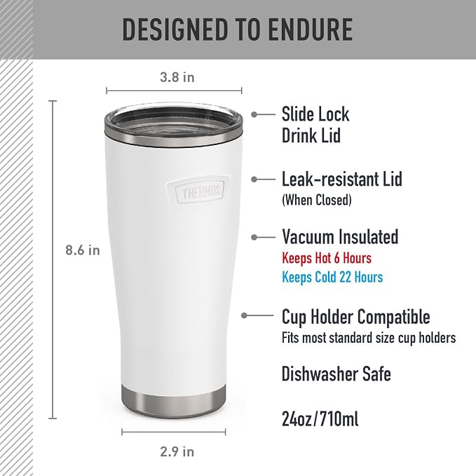 THERMOS Icon Series 24oz Stainless Steel Tumbler with Slide Lock Lid, Leakproof, Fits Cupholder, Dishwasher Safe, Griptec™ Non‑Slip Base, Keeps Drinks Hot 6 Hrs/Cold 22 Hrs, Snow