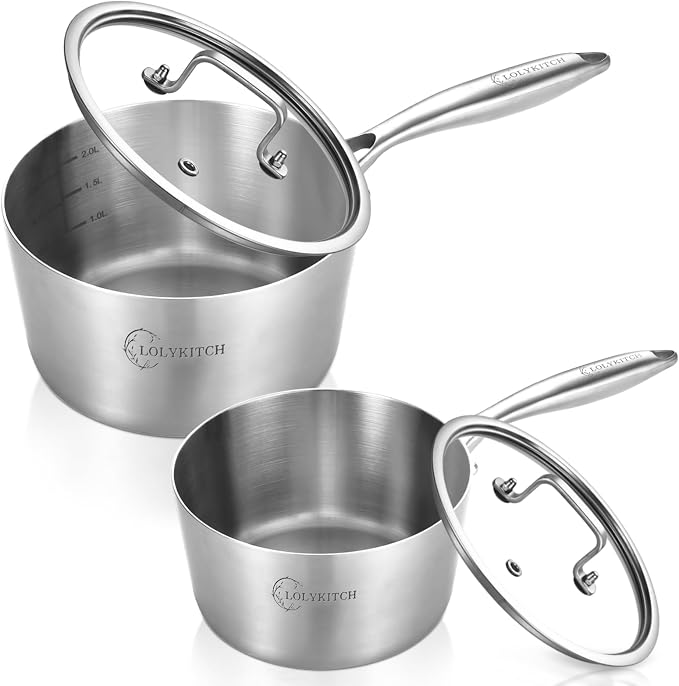 LOLYKITCH 1.5QT & 3QT Stainless Steel Saucepan Set with Glass Lids | Tri-Ply | Uncoated | Heavy Bottom | Cooking Pots | Metal Sauce Pans for Induction Cooktop | Ergonomic Handle