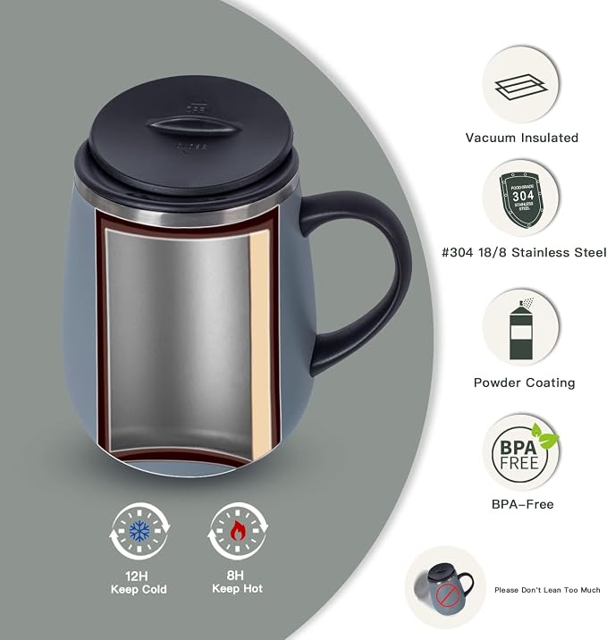 Ideus 16 oz (470 ml) Insulated Coffee Mug with Handle and Lid, Double Wall Stainless Steel Vacuum Thermal Coffee Mug, Travel Coffee Cup Thermal Cup for Home and Office (Ultimate Gray)