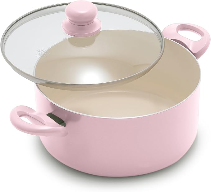 GreenLife 5QT Ceramic Nonstick Stockpot with Lid, Blush Pink | PFAS-Free Nonstick Coating, Casserole Pot, Soup Pot, Pasta Pot, Induction Ready, All Stovetop Compatible, Dishwasher Safe
