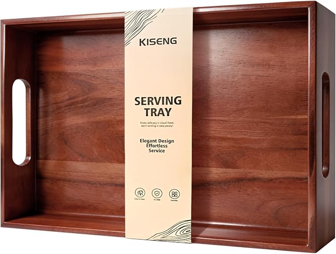 17 x 12 Inch Acacia Wood Large Serving Tray with Handles | Multi-use Tray for Coffee Table, Ottoman, Bed Breakfast, Included Free Leather Mat