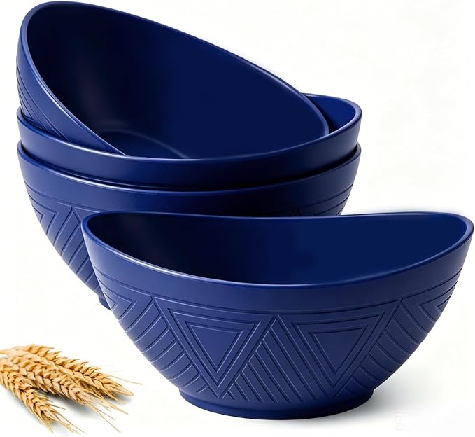 Wheat Straw Bowls, 9.6 inch Salad Bowls, Large Serving Dishes for Wedding Parties, Camping, 60 OZ Bowl Set for Salad, Popcorn, Oval Shape, Microwave & Dishwasher Safe, Set of 4, Dark Blue
