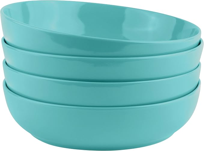 KooK Pasta Bowl, Salad Bowls, Soup, Serving Bowls, Ceramic, Large Capacity, Microwave & Dishwasher Safe, Set of 4, 40 Oz,(Light Turquoise)