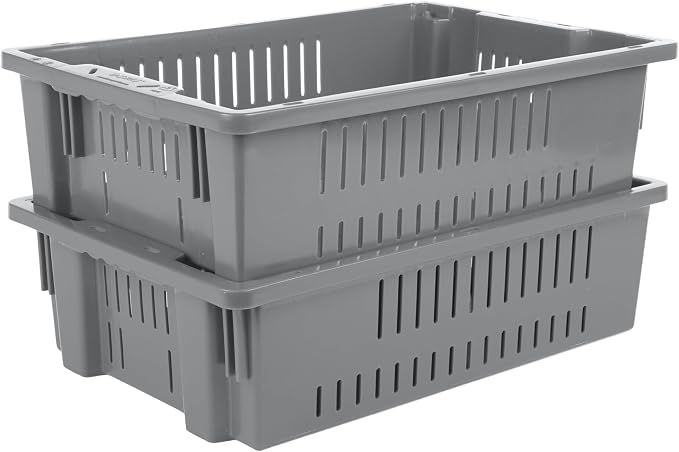 Hudson Exchange 20 x 13 x 5.6" (4 Pack, 4.5 Gallon) Agricultural Nest and Stack Vented Crate Handled Storage Container Tote, Gray