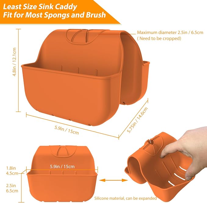 Sponge Holder for Kitchen Sink, Silicone Sink Saddle Caddy Organizer Rack, Sponges Holder Over Faucet, Hanging Kitchen Organizer Accessories Rack Basket - Orange