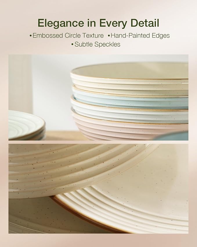 Famiware Jupiter Plates and Bowls Sets with Rim, Stoneware Dinnerware for 4 | 12-Piece Ceramic Neutral Dishes, Speckled & Embossed Swirl, Chip & Scratch Resistant, Microwave & Dishwasher Safe, Multicolor