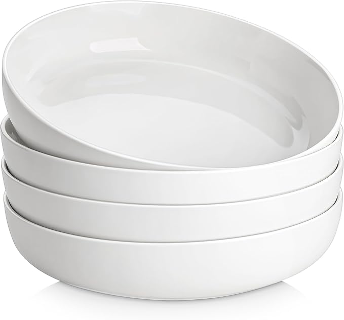 MALACASA 48 Oz Pasta Bowls Set of 4, Ceramic Salad Bowls, White | Microwave, Oven (482F), and Dishwasher Safe, For Pasta, Salad, Cereal, and Soup, 9 Inch Wide Shallow Design, Stackable, LUNA