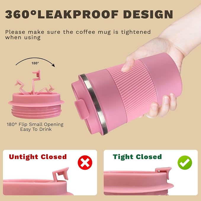 Stainless Steel Travel Coffee Mug with Lid, Vacuum Insulated Leak Proof Cup | Double wall vacuum insulation keeps drinks hot or cold for hours. Leak proof lid and non-slip grip for travel, office and car