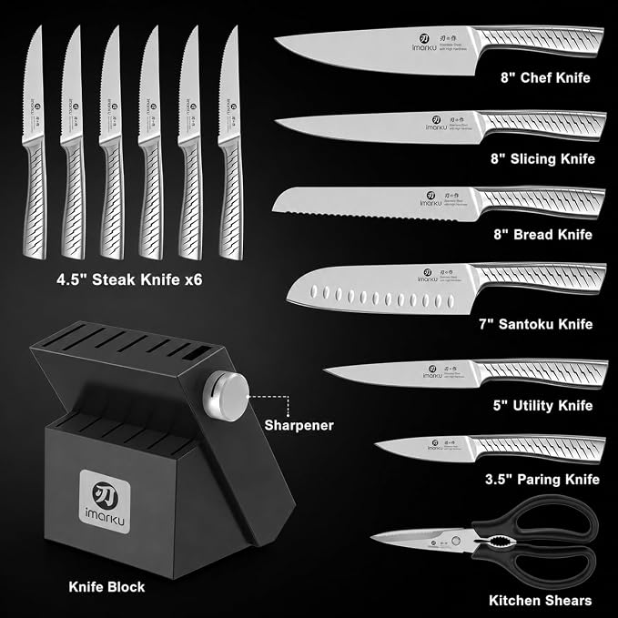 iMarku 14-Piece High-Carbon Stainless Steel Knife Set with Non-Slip Handles | Japanese-style knife set with block and built-in sharpener, distinctive textured finish, and gift box—ideal for gifting.