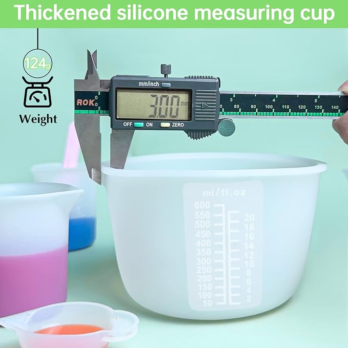 Sjubaopen Silicone Measuring Cups 600ml for Resin, Epoxy, Baking | Easy to clean, Heat Resistant, Thickened, 100ml+10ml, Stir Sticks, Droppers, Finger Cots for Wax,Chocolate, Jewelry