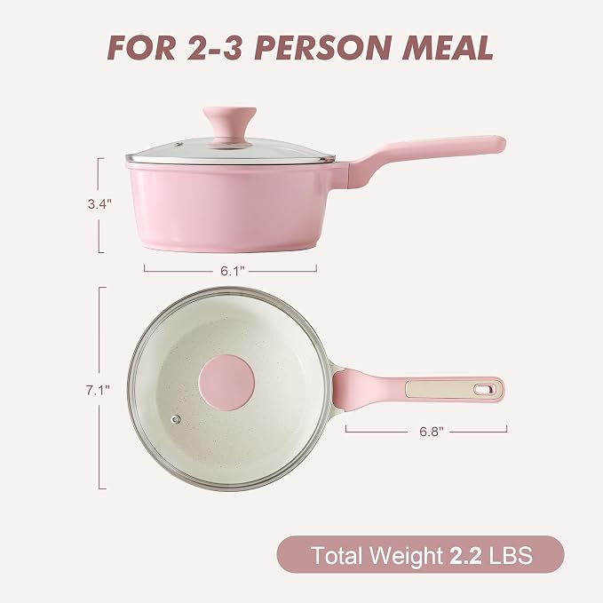 SENSARTE 2QT Ceramic Nonstick Saucepan with Lid, PTFE/PFAS Free, Pink | Small Kitchen Cooking Pot with Stay Cool Handle, Induction Compatible, Ceramic Coating
