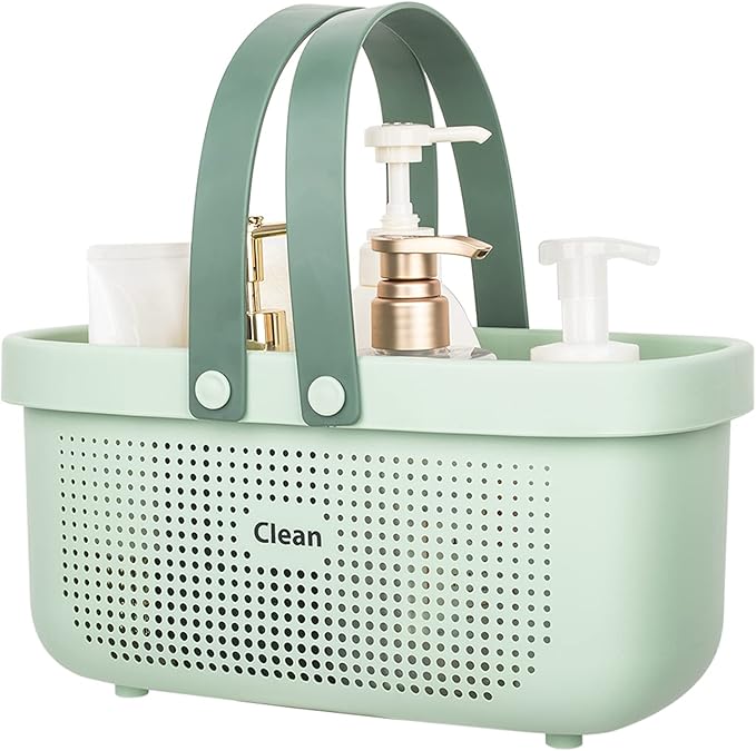 JiatuA Plastic Storage Basket with Handle Portable Shower Caddy Tote Organizer Basket Bin for Bathroom Kitchen Dorm Room Bedroom, Green | Sturdy Drainage Large Capacity Organizer Basket with Silicone Handles for Bathroom Kitchen Bedroom College Dorm Es...