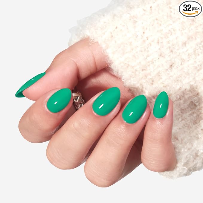 modelones Bright Green Short Press on Nails, Oval Fake Nails Kit | Press Ons with Nail Glue, Adhesive Tabs, Nail File, Prep Pad, Manicure Stick, 32Pcs 16 Sizes, Summer Women Girl Gift