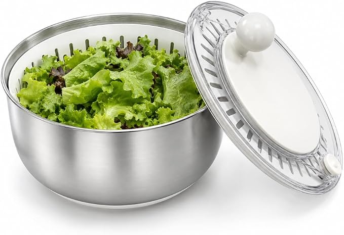 Salad Spinner Dishwasher Safe Stainless Steel Salad Spinner, 5.3 Qt Vegetable Washer, Lettuce Spinner with Non-Slip Base and Stop Button, Transparent Lid & Drainage Hole