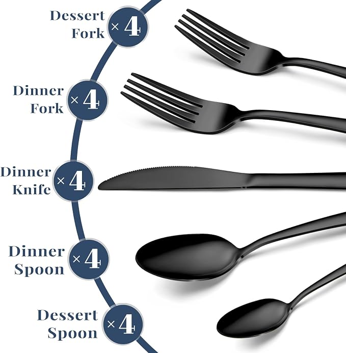 Hunnycook 20-Piece Black Silverware Set - Stainless Steel Silverware Set for 4, Includes Forks Spoons and Knives, Utensil Sets for Home Kitchen Restaurant, Dishwasher Safe
