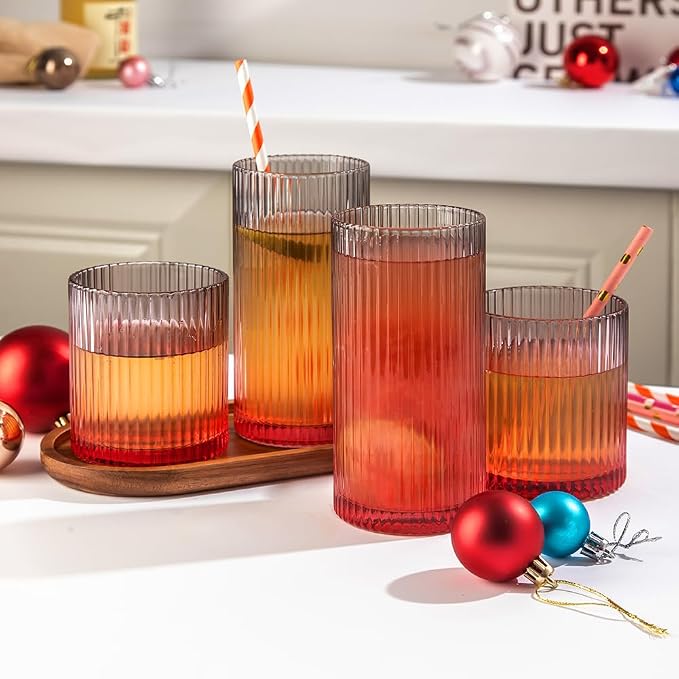 Ribbed Drinking Glasses 8pcs, 12oz and 10oz Glassware, Tumbler Glasses Cup Set for Wedding, Party, Christmas Gift, Grey Pink