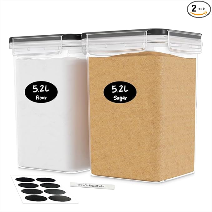DWËLLZA KITCHEN Large Flour Sugar Storage Containers Set of 2; 175 FL. oz - 5.2L Plastic Airtight Food Storage Containers with Lids for Kitchen Pantry Organization - Food Containers, Labels & Marker
