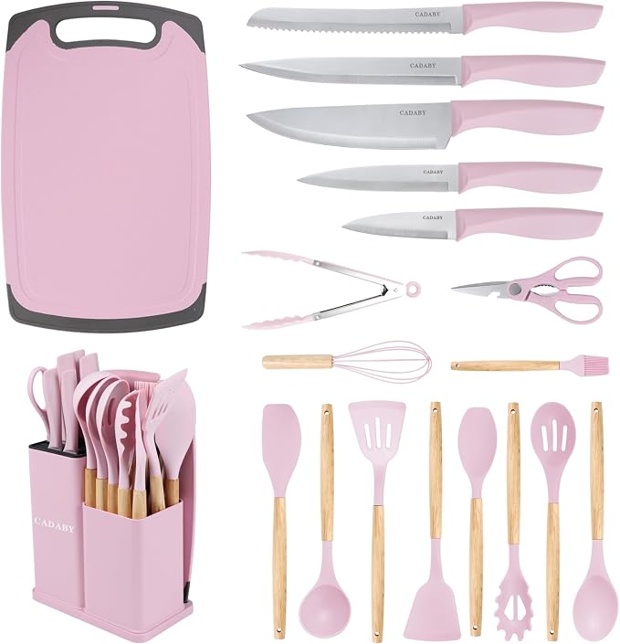19 PCS Pink Kitchen Cooking Utensils Set Kitchen Tools Set | 6 Stainless Steel Knives, 11 Silicone Utensils with 1 Cutting Board, Ideal for Apartment
