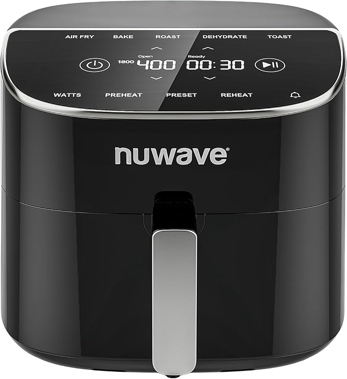 Nuwave Brio Plus 8 Qt Air Fryer, PFAS Free, New & Improved, 50-400°F in 5°F | Digital Touchscreen, Cool White Display, Ceramic Nonstick Coating, 5 Cook Modes, 100 Presets/50 Memory, 700/1500/1800W, Black