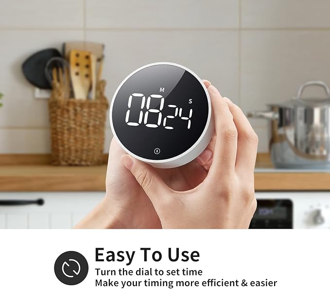 Digital Magnetic Kitchen Timer & Stopwatch with LED Display, White | Up to 99:55 Countdown & Count Up , Easy Twist Control, Adjustable Volume & Brightness, Magnetic Back, Battery Powered