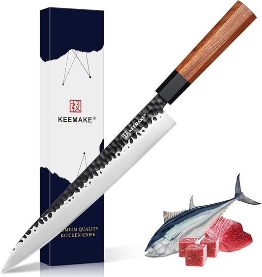 KEEMMAKE 10 Inch Sushi Knife for Fish Filleting | 440C Stainless Steel Japanese Sashimi Knife with G10 Rosewood Handle, Yanagiba Kitchen Chef Knives for Fish Slicing