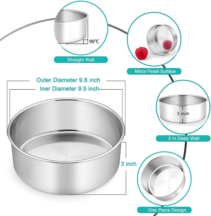 TeamFar 9 Inch Cake Pan, 9½” x 3” Stainless Steel Round Baking Pan Set of 2 | Layer Cake Baking Tins for Wedding Birthday Party, Non-Toxic, Heavy Duty, Deep Straight Side, Mirror Finish, Dishwasher Safe