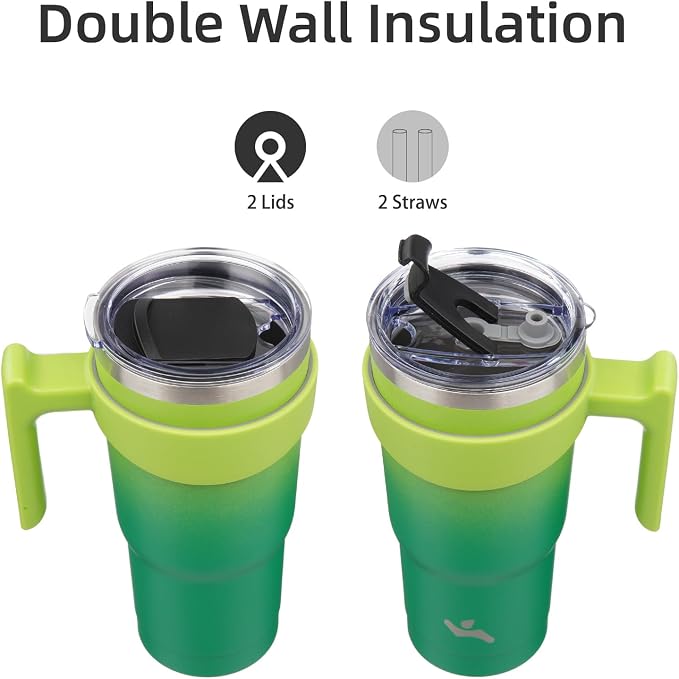 Konokyo 20 oz Tumbler with Handle and Straw, Insulated Travel Mug | Matcha Green; BPA-free, leak-proof tumbler with 2 lids, 2 straws, cup holder fit for coffee, office, travel & daily use