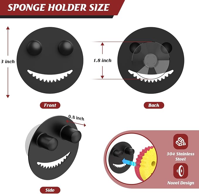 Kontoyo Sponge Holder for Kitchen Sink,Sink Caddy Organizer with Suction Cup Installation for Kitchen/Bathroom, Self Draining,Sponge Caddy for Holding Smiley Sponges-Black