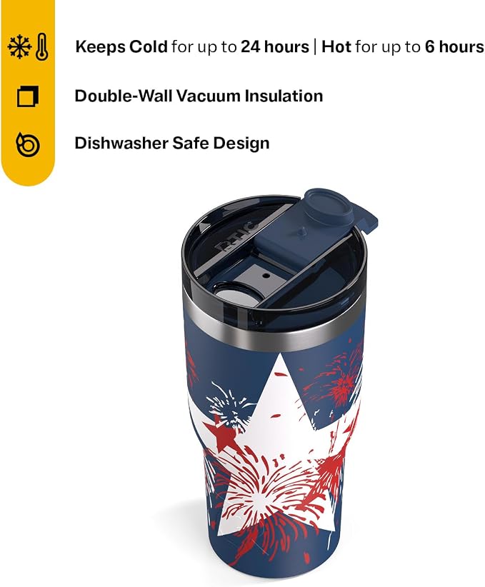 RTIC 20oz Essential Tumbler with Lid, Ceramic Lined, Insulated, Stainless Steel, Metal, Double Wall Vacuum-Insulation, Travel Cup for Iced Coffee, Tea, Hot and Cold Drink, Fireworks
