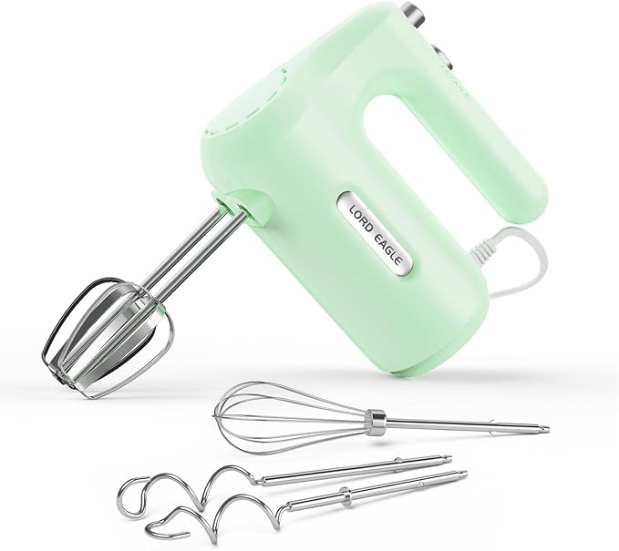 Lord Eagle 5-Speed Small Hand Mixer Electric, 300W Compact Portable, Green | Handheld Kitchen Mixer Egg Beater with 5 Attachments & Storage Bag, Cake Supplies for Bread Dough Baking, Lightweight