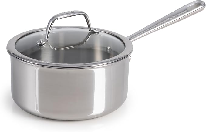 T-Fal Pro Tri-Ply Stainless Steel 2 qt Saucepan with Lid, Induction Pot | NSF-certified tri-ply build, Glass lid traps heat, Oven safe to 500 °F, Built-in measuring marks, All cooktops compatible