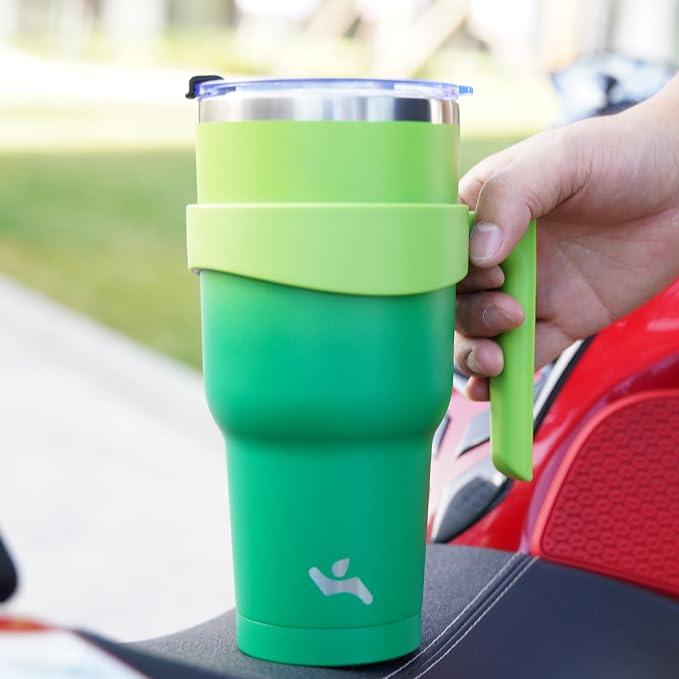 Konokyo 30 oz Tumbler with Handle and Straw, Insulated Travel Mug | Matcha Green; BPA-free, leak-proof tumbler with 2 lids, 2 straws, cup holder fit for coffee, office, travel & daily use