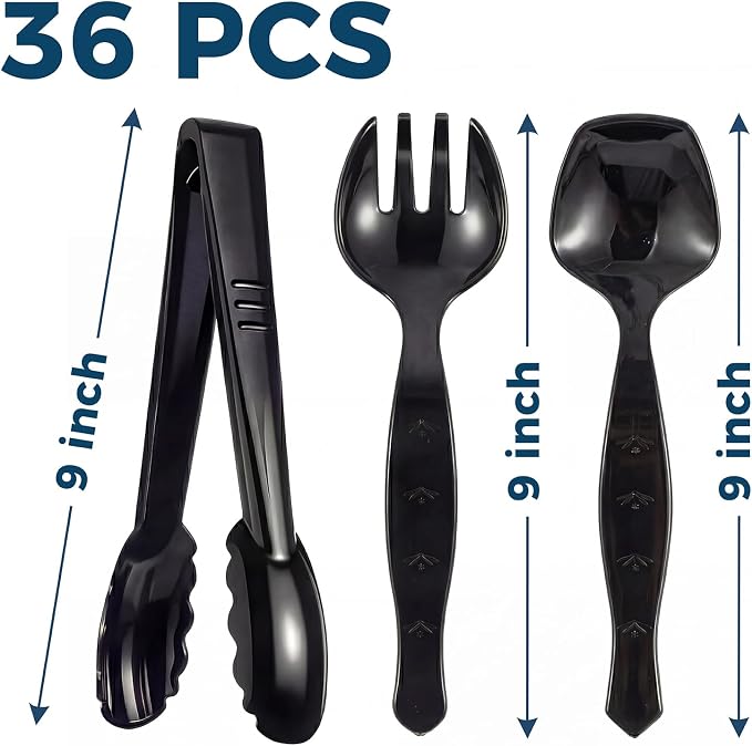 36 Pcs Disposable Plastic Serving Utensils Set, 9 Inch Black | Tongs, Forks & Spoons For Buffet, Catering, Restaurants, BBQs, Picnics, Weddings And Party Food Stations