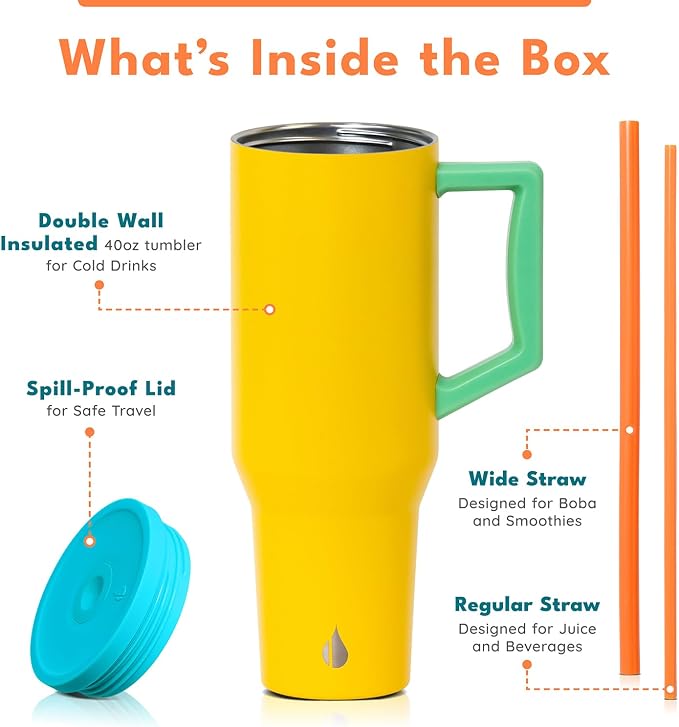 Elemental Spill Proof 40oz Insulated Tumbler with Handle & Straw Travel Mug | Stainless Steel Commuter Travel Coffee Mug for Cold Beverages, Includes 2 Straws & a Spill Proof Lid for Everyday Use