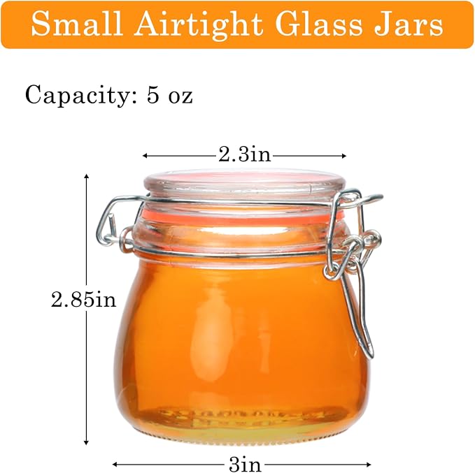 Flrolove 5oz 6pack Small Glass Jars with Airtight Lid, Glass Spice Jars | Mini Glass Food Storage Containers with Lids, Mason Jars for Cereal, Flour, Cookie, Spice, Honey, Herbs, Wedding Favors