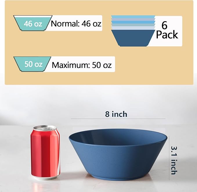 50 Oz Large Cereal Bowls, Unbreakable Wheat Straw Fiber Salad Bowl Sturdy and Stackable Salad Serving Bowls Set, BPA-Free Microwave/Dishwasher Safe, Lightweight for Oatmeal, Snacks , Oatmeal, Snacks