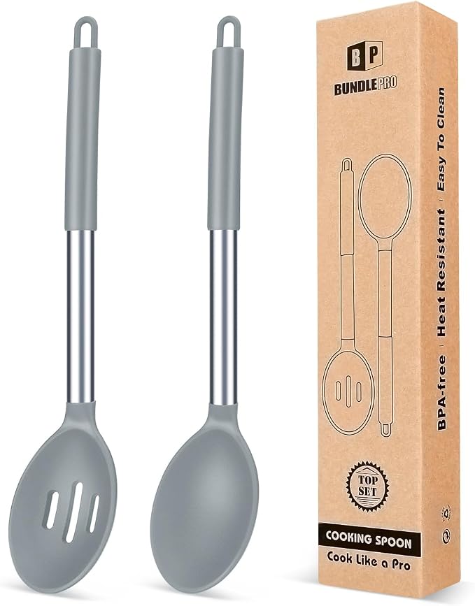 BUNDLEPRO Silicone Cooking Spoons for Non Stick Cookware, 2 Pack, Grey | Heat Resistant, Large Kitchen Spoons for Mixing, Serving, Draining, Stirring