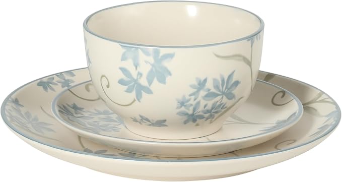 Gibson Home Admiral Hall 12-Piece Matte Stoneware Dinnerware Set – Dinner Plates, Salad Plates & Bowls with Blue Floral Pattern, Durable Everyday Dish Set, Microwave & Dishwasher Safe
