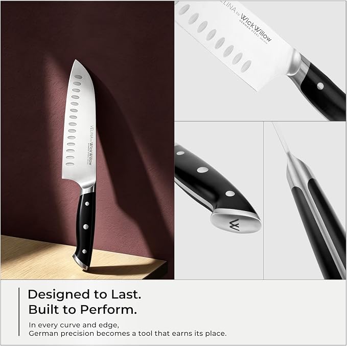 WICKWILLOW 7” Santoku Knife – Sharp Forged German Steel Kitchen Knife | Hollow Edge prevents sticking – smooth, precise cuts with balanced comfort for daily prep. Gift-Ready.