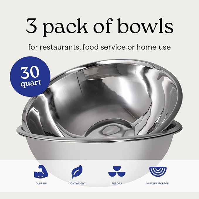 30 Quart Large Stainless Steel Mixing Bowls Set, 3-Pack, Nesting Bowls | Extra Large Commercial Grade Metal Bowls for Meal Prep, Baking, Serving, Food Storage. Rustproof & Dishwasher Safe