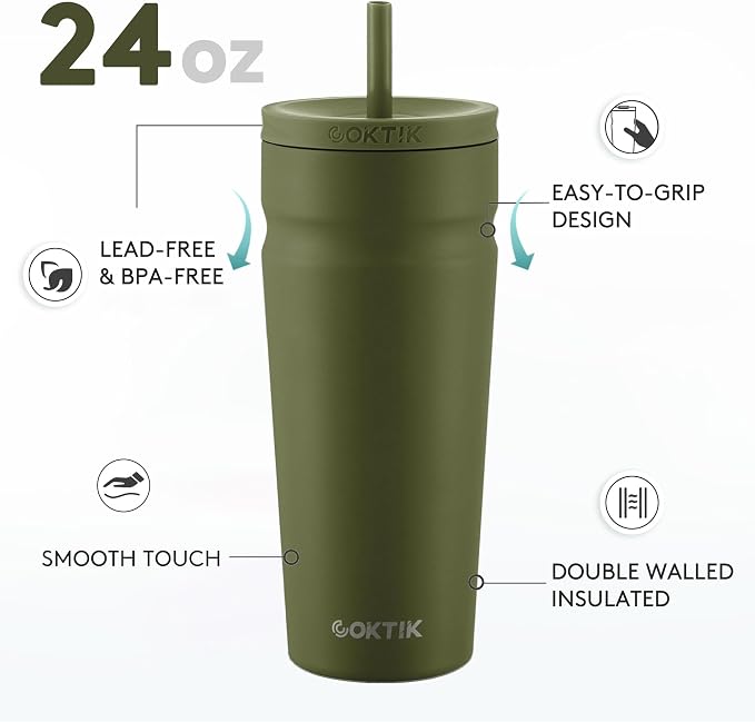 COKTIK 24oz Insulated Tumbler with Lid and Straw Iced Coffee Cup Reusable Stainless Steel Travel Mug Water Bottle Cupholder Friendly for Women Men Her Him (Olive)