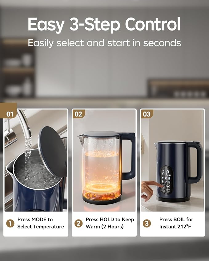 1.7L Stainless Steel Electric Kettle with Temperature Control – Blue