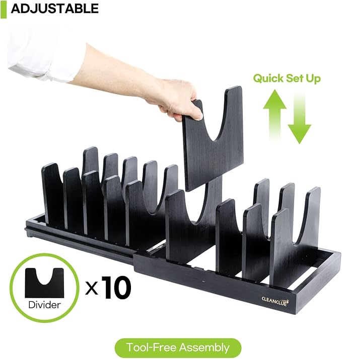 Pots and Pans Organizer under Cabinet Expandable Bamboo Pot Lid Holder Rack | Adjustable bakeware organizer, cutting board organizer, cookie sheet, baking pan, tray organizer for kitchen cabinet storage