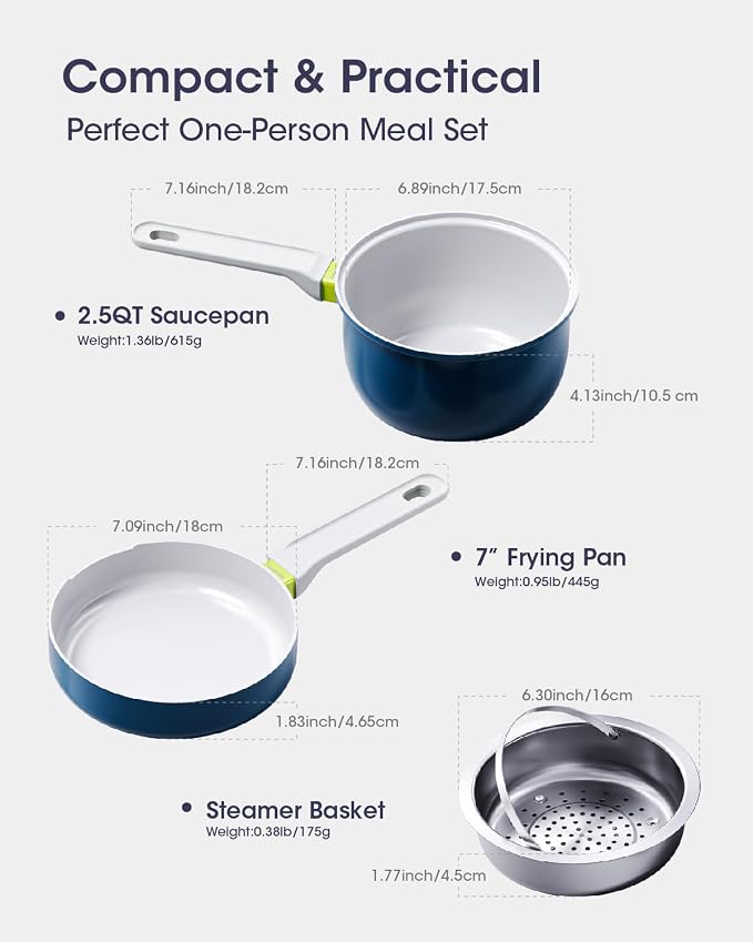 Ceramic Non Stick Sauce Pan, 2.5QT Saucepan with Frying Pan as Lid, Steamer Pot for Cooking, Induction Cookware Set, PTFE, PFOA & PFAS Free, Light Blue